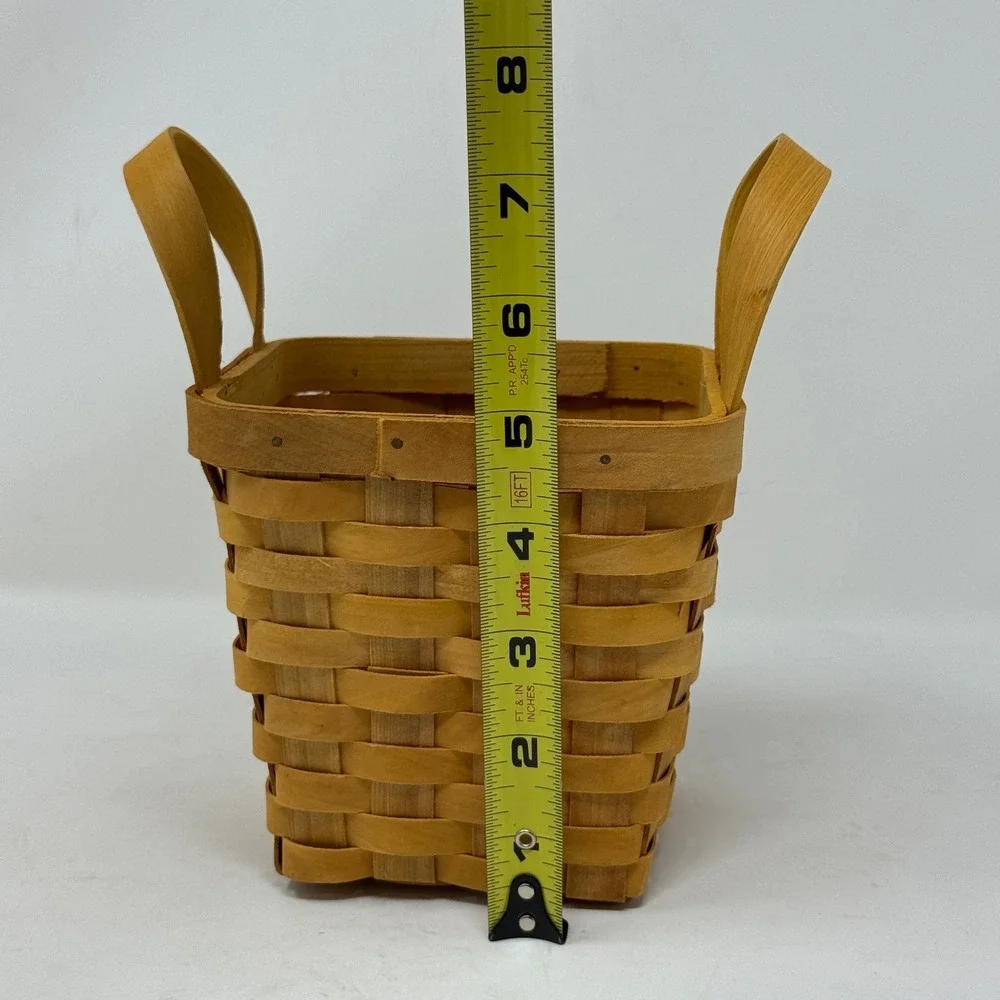 Square Woven Wood Splint Basket with Handles Natural Honey Brown Farmhouse Decor